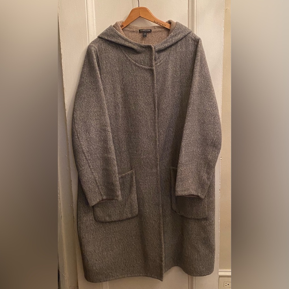 Eileen Fisher Long Hooded Alpaca Mix Sweater Coat, Large